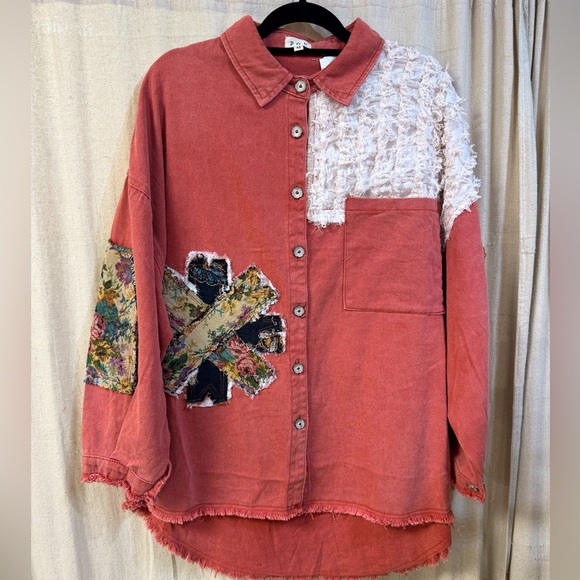 POL Jackets & Blazers - NWT, POL, Pink Denim Jacket, Patchwork Design, Flower Buttons, Oversized